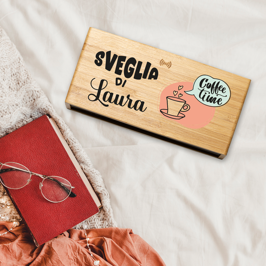 Coffee time - Sveglia Digitale in Bambù con Orologio da Tavolo - personalizzata con nome