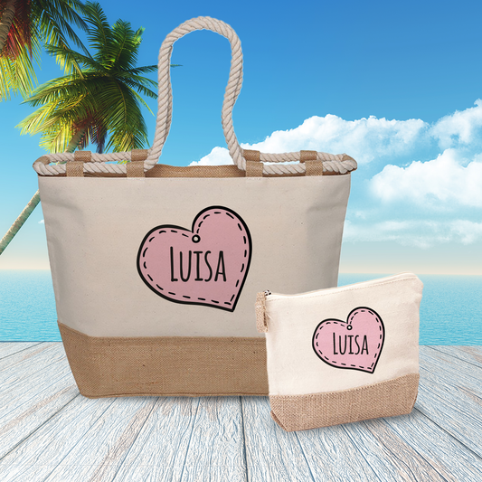 Pink Hearts - Combo: Borsa mare + Pochette - personalizzata con nome