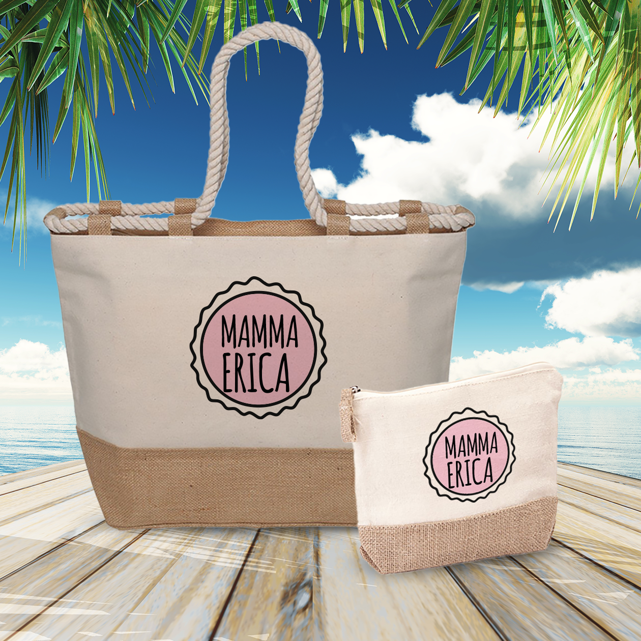 Pink Mamma - Combo: Borsa mare + Pochette - personalizzata con nome