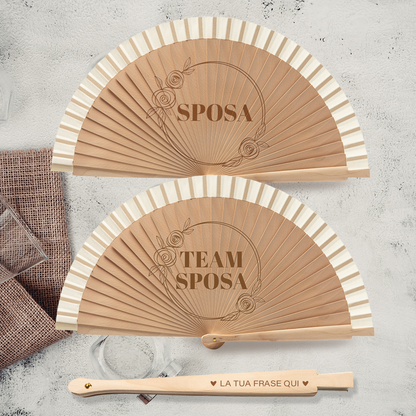 Sposa e team sposa - Coppia di Ventagli in legno - personalizzata con frase incisa sul manico