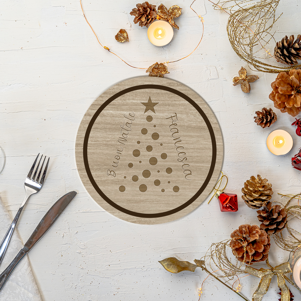 Buon Natale, star - Set 3 pezzi Sottobicchiere in Legno - personalizzato con nome