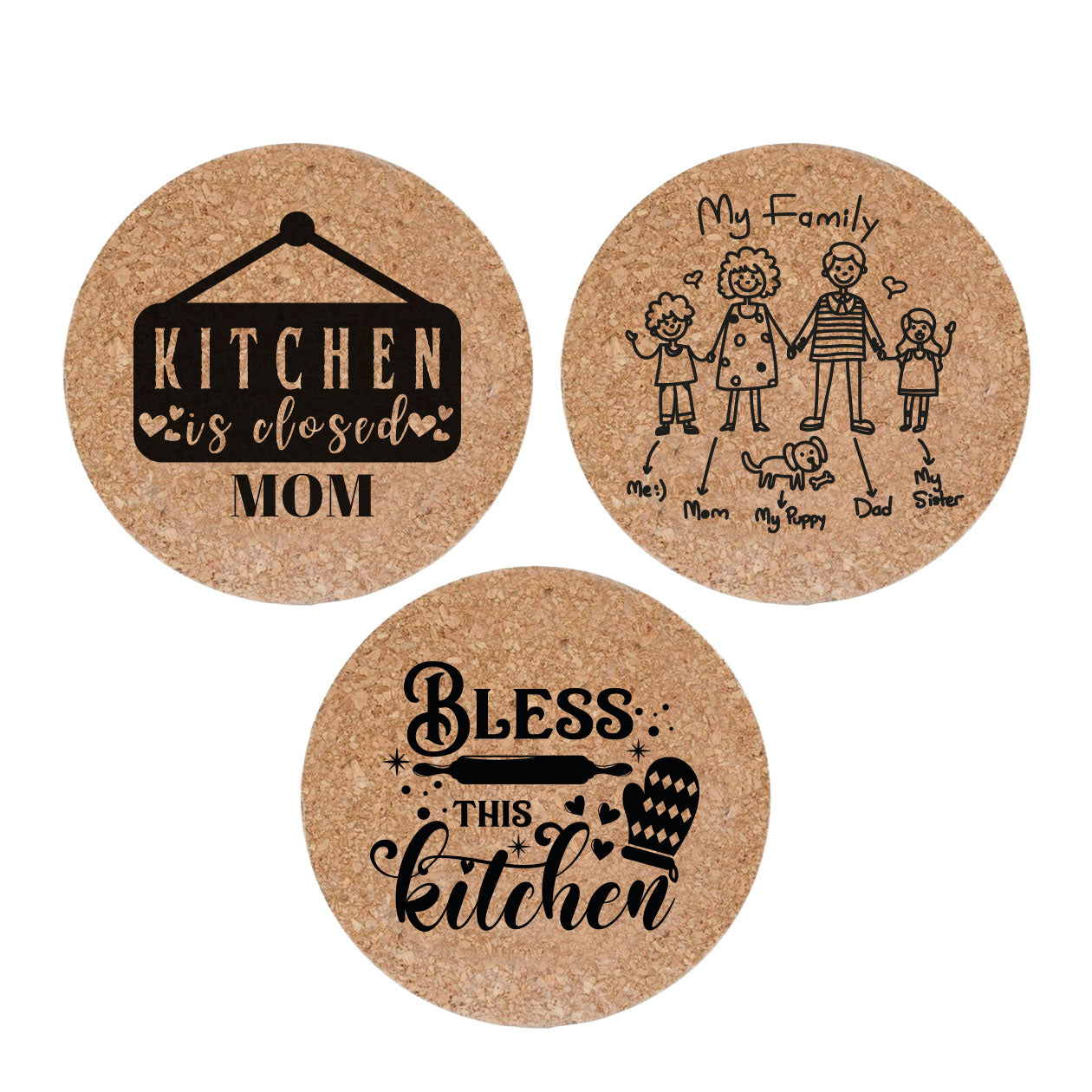 Kitchen is closed mom - Set da 3 pezzi Sottopentola in sughero naturale 19cm