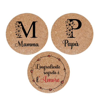 Papà e Mamma - Set da 3 pezzi Sottopentola in sughero naturale 19cm