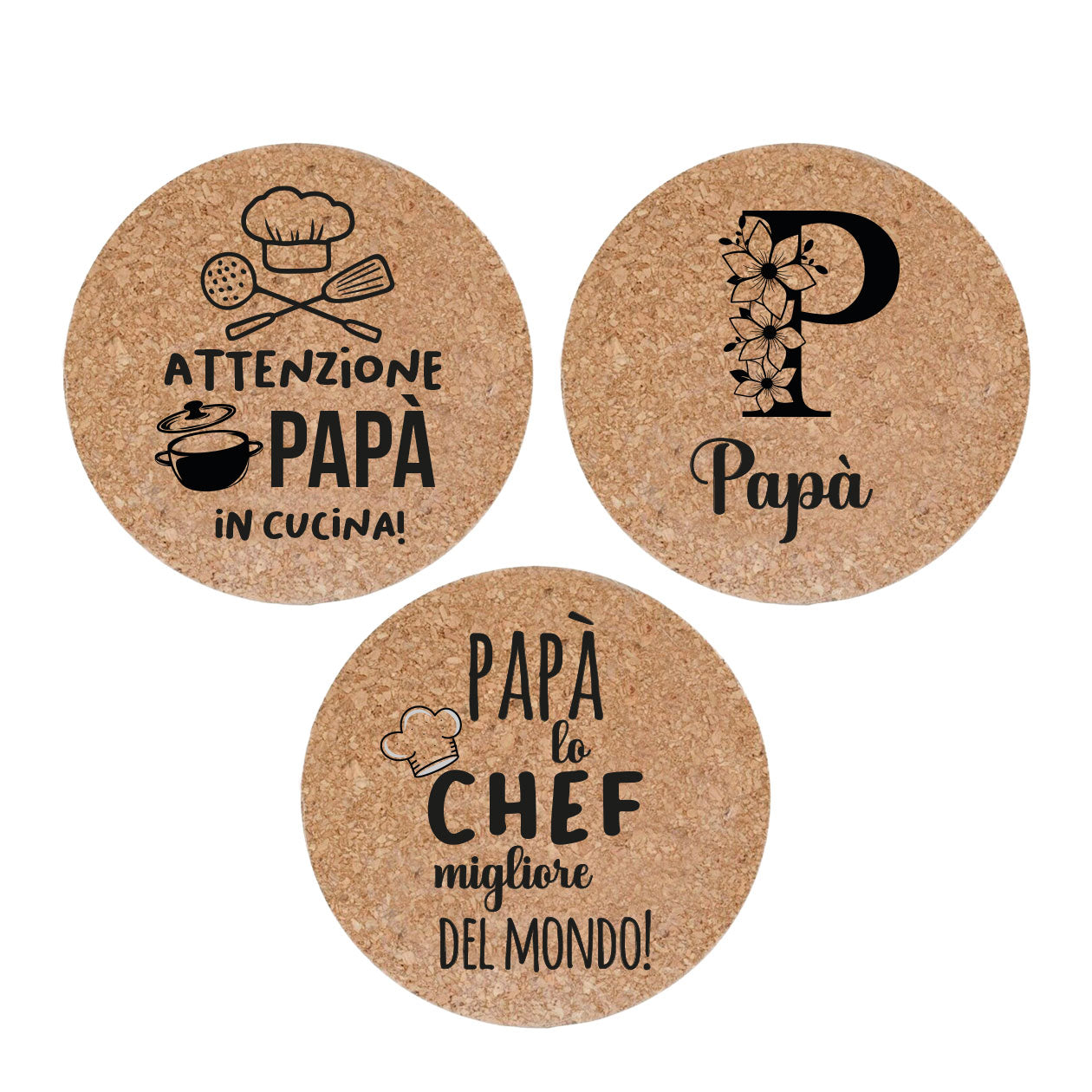 Attenzione Papà in cucina - Set da 3 pezzi Sottopentola in sughero naturale 19cm