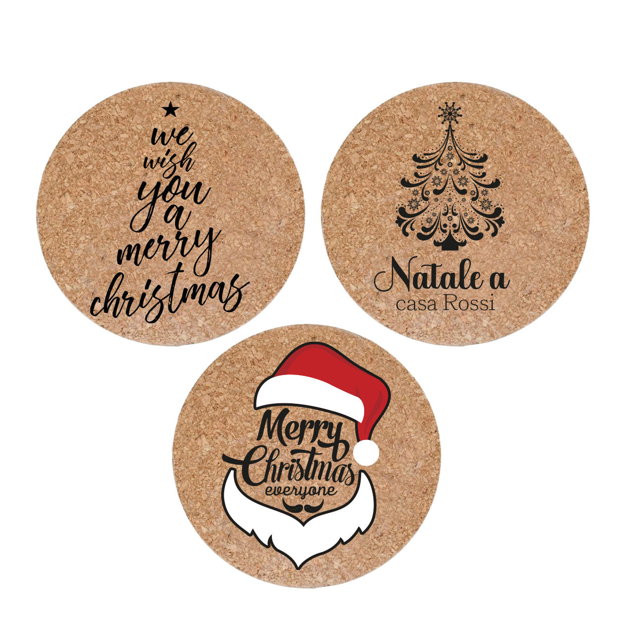 Merry Christmas - Set da 3 pezzi Sottopentola in sughero naturale 19cm - personalizzato con cognome