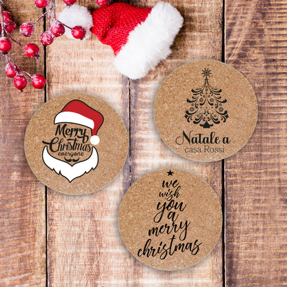 Merry Christmas - Set da 3 pezzi Sottopentola in sughero naturale 19cm - personalizzato con cognome