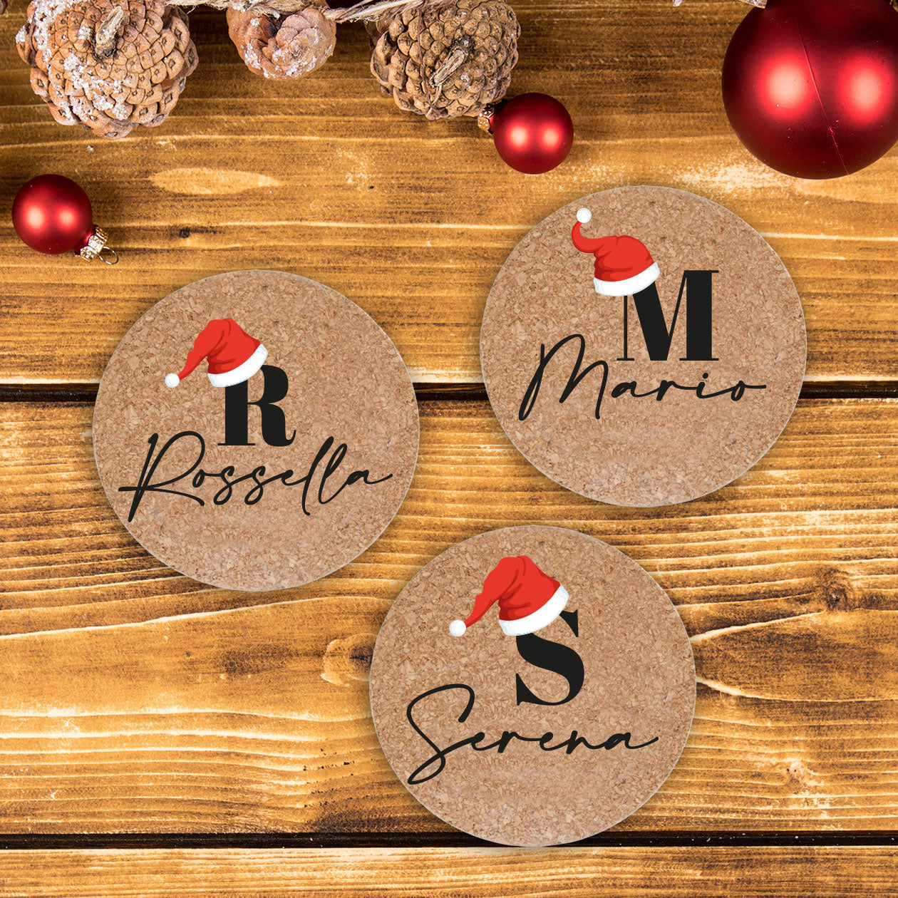 Names Christmas - Set da 3 pezzi Sottopentola in sughero naturale 19cm - personalizzato con nomi