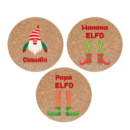 Papà e mamma elfo - Set da 3 pezzi Sottopentola in sughero naturale 19cm - personalizzato con nome