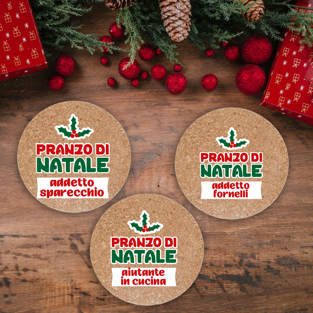 Pranzo di Natale - Set da 3 pezzi Sottopentola in sughero naturale 19cm