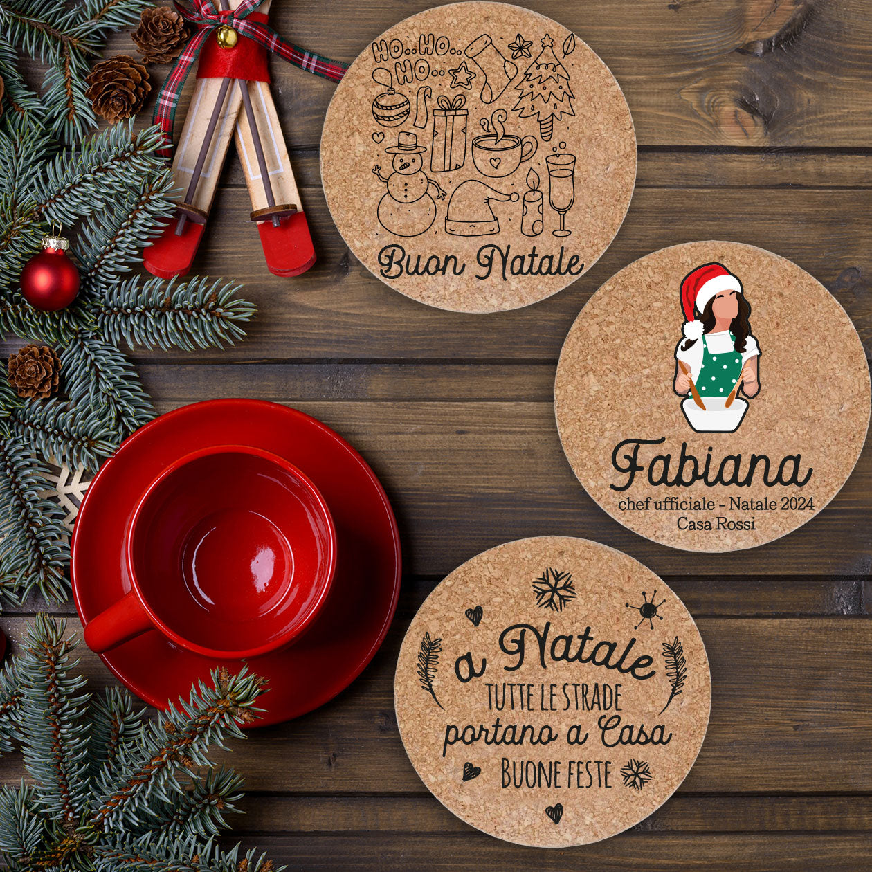 A Natale tutte le case portano a casa - Set da 3 pezzi Sottopentola in sughero naturale 19cm - personalizzato con nome