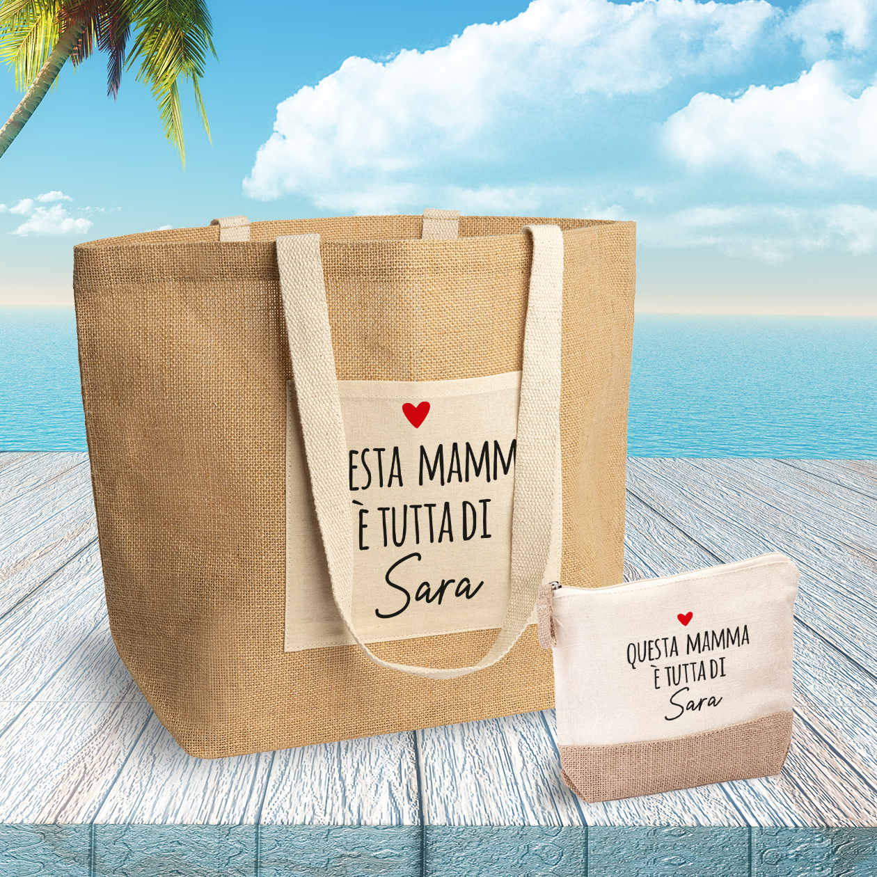 Questa mamma è tutta di... - Set Combo Borsa mare e Pochette in Juta laminata - personalizzata con nome