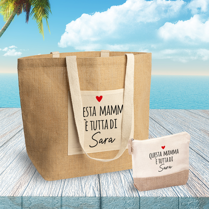 Questa mamma è tutta di... - Set Combo Borsa mare e Pochette in Juta laminata - personalizzata con nome
