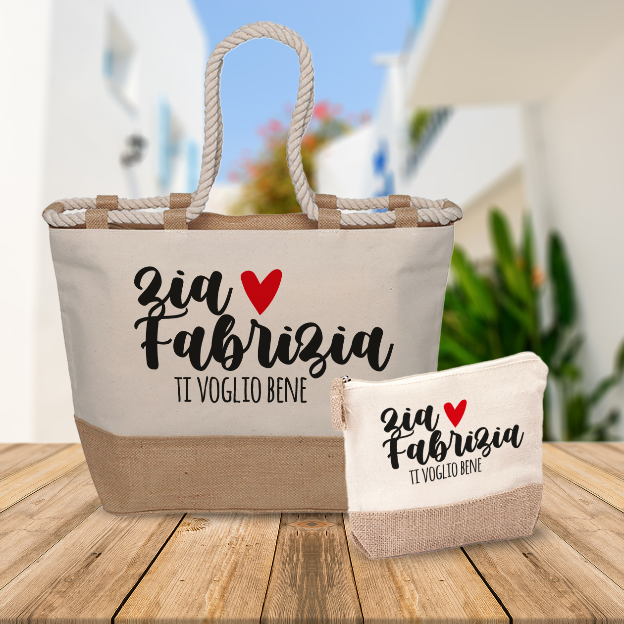 Zia ti voglio bene - Combo: Borsa mare + Pochette - personalizzata con nome