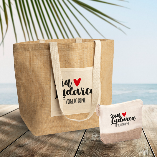 Zia ti voglio bene - Set Combo Borsa mare e Pochette in Juta laminata - personalizzato con nome