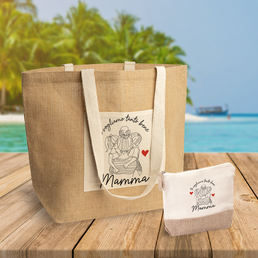 Ti vogliamo tanto bene mamma - Set Combo Borsa mare e Pochette in Juta laminata
