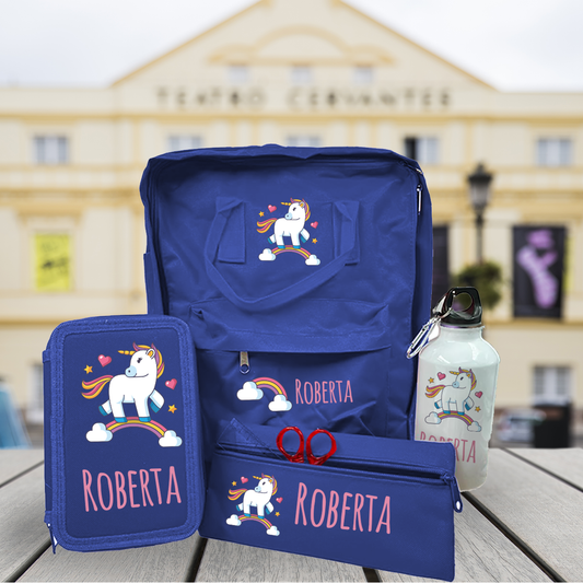 Unicorno - Zaino + Astuccio+ Portapenne + Borraccia - personalizzati con nome