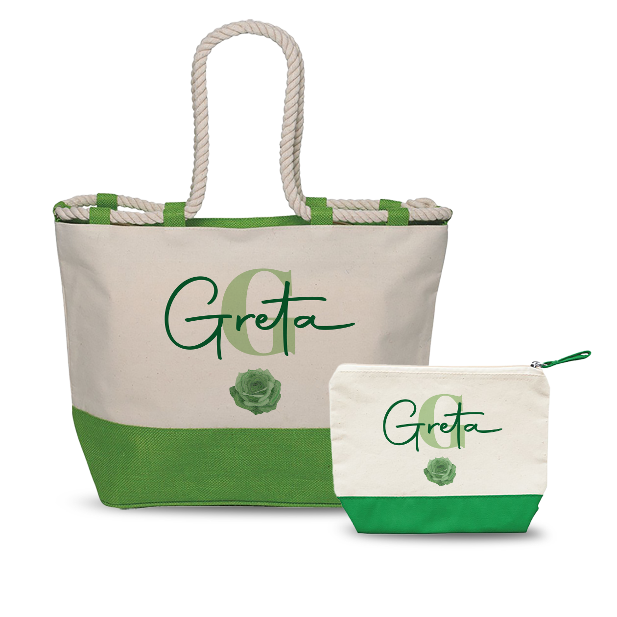 Green Flower - Combo: Borsa mare + Pochette - personalizzata con nome