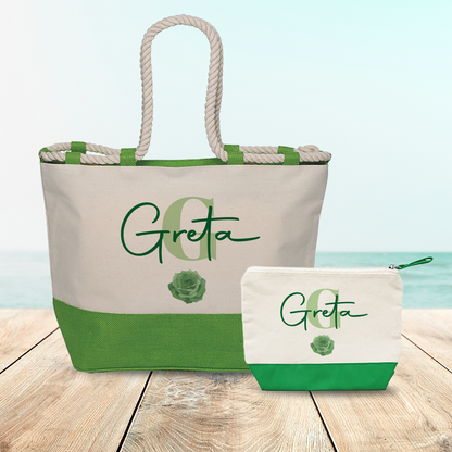 Green Flower - Combo: Borsa mare + Pochette - personalizzata con nome