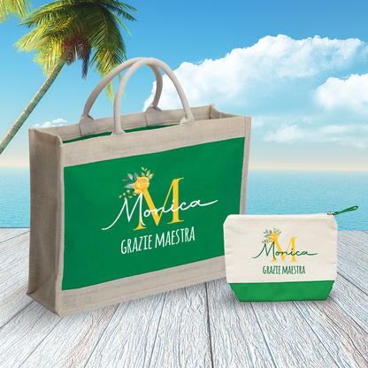 Maestra flower yellow - Combo: Borsa mare + Pochette - personalizzata con nome