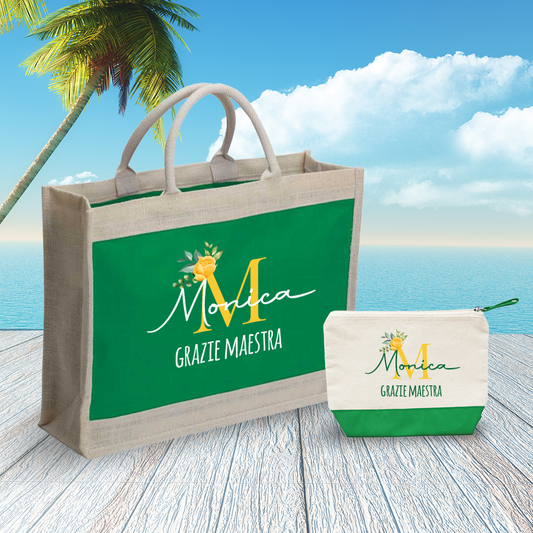 Maestra flower yellow - Combo: Borsa mare + Pochette - personalizzata con nome