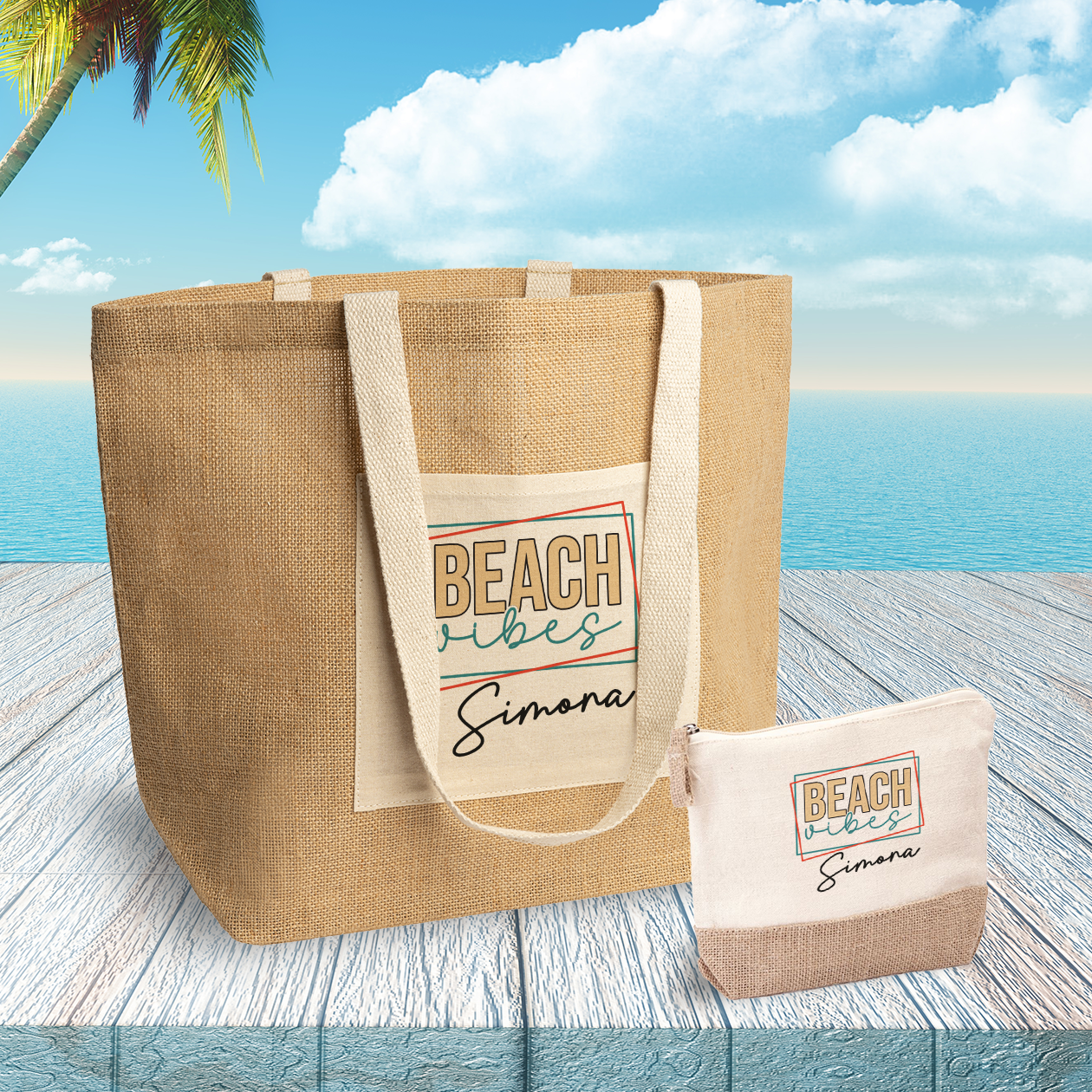 Beach Vibes - Set Combo Borsa mare e Pochette in Juta laminata - personalizzate con nome