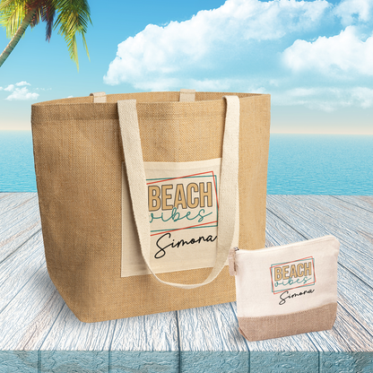 Beach Vibes - Set Combo Borsa mare e Pochette in Juta laminata - personalizzate con nome