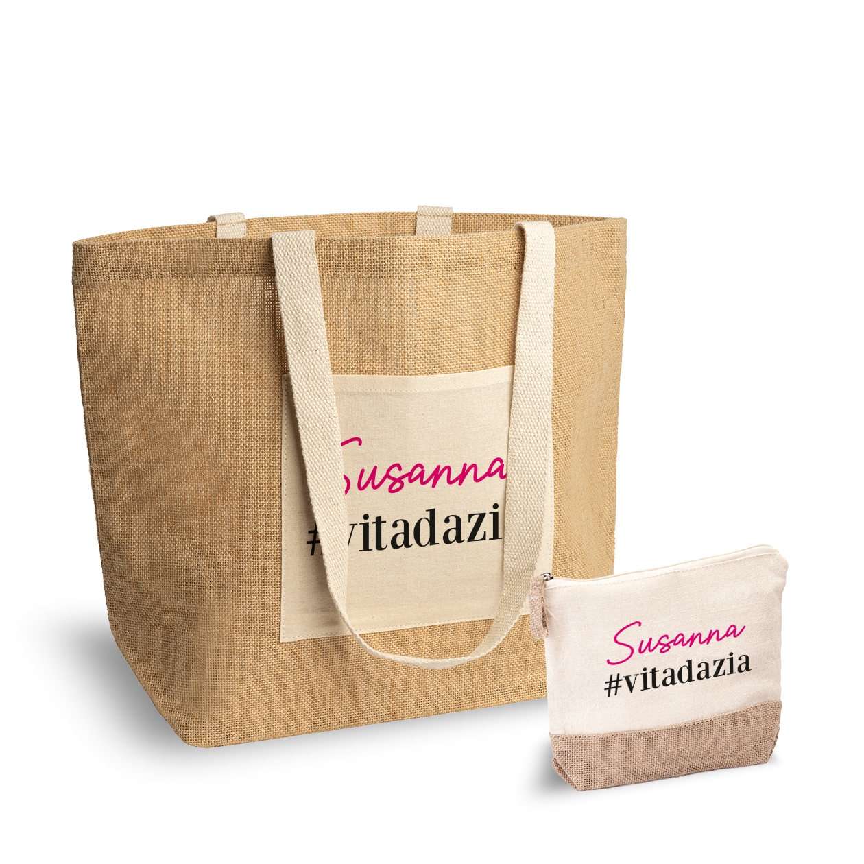 #vitadazia - Set Combo Borsa mare e Pochette in Juta laminata - personalizzato con nome
