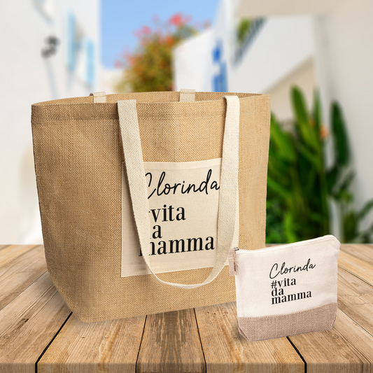 #vitamamma - Set Combo Borsa mare e Pochette in Juta laminata - personalizzato con nome