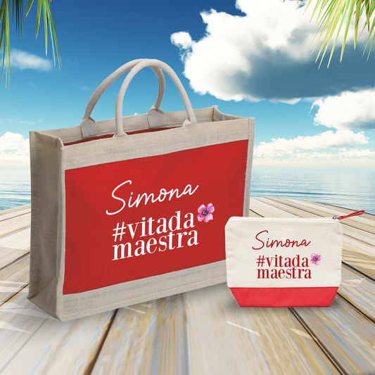 #vitadamaestra - Combo: Borsa mare + Pochette - personalizzata con nome