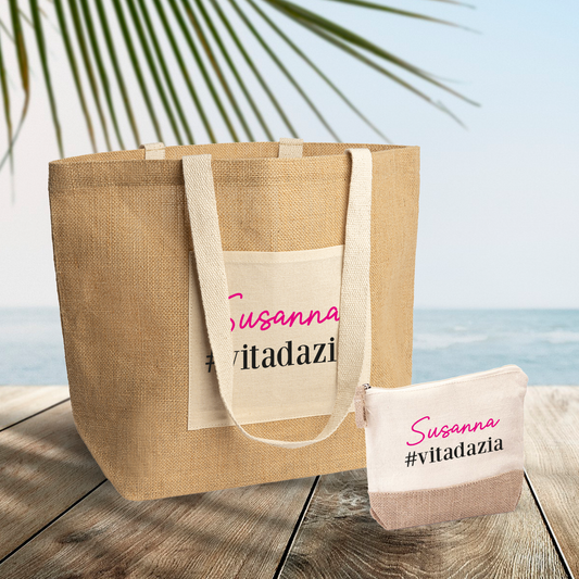 #vitadazia - Set Combo Borsa mare e Pochette in Juta laminata - personalizzato con nome