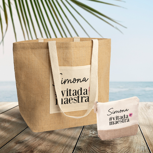 #vitadamaestra - Set Combo Borsa mare e Pochette in Juta laminata - personalizzata con nome
