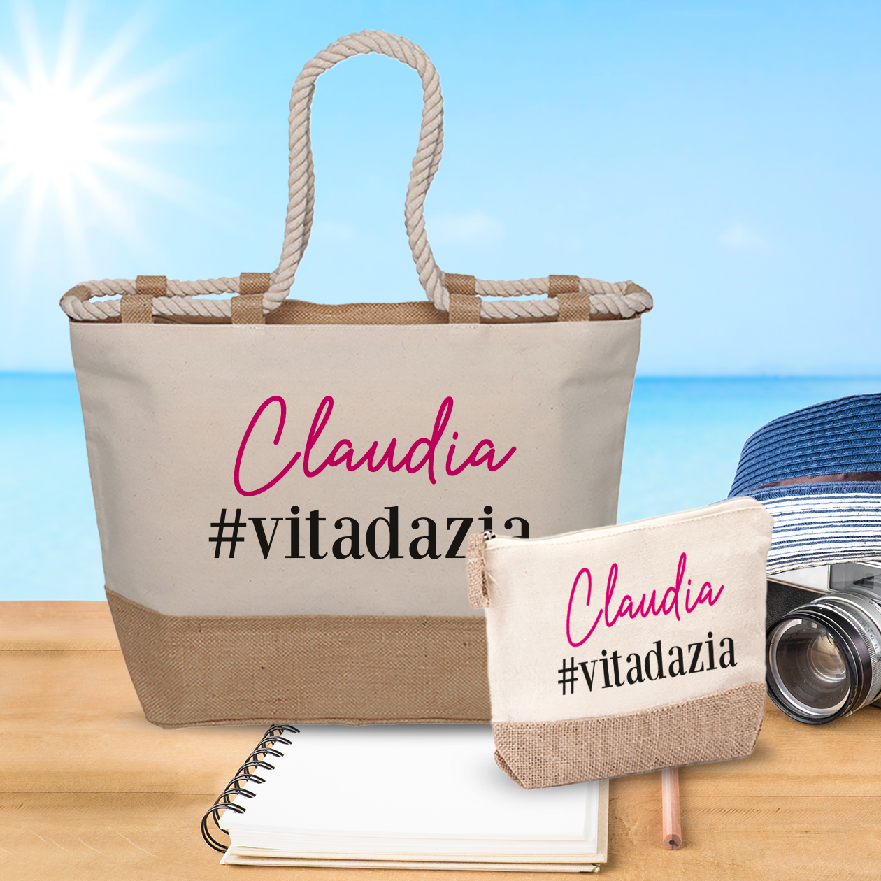 #vitadazia pink - Combo: Borsa mare + Pochette - personalizzata con nome