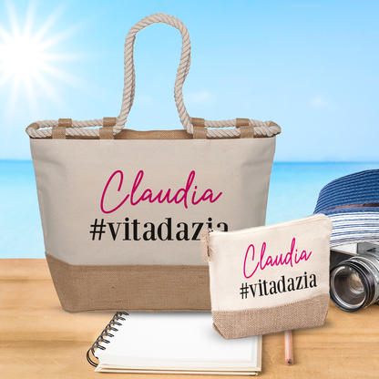 #vitadazia pink - Combo: Borsa mare + Pochette - personalizzata con nome