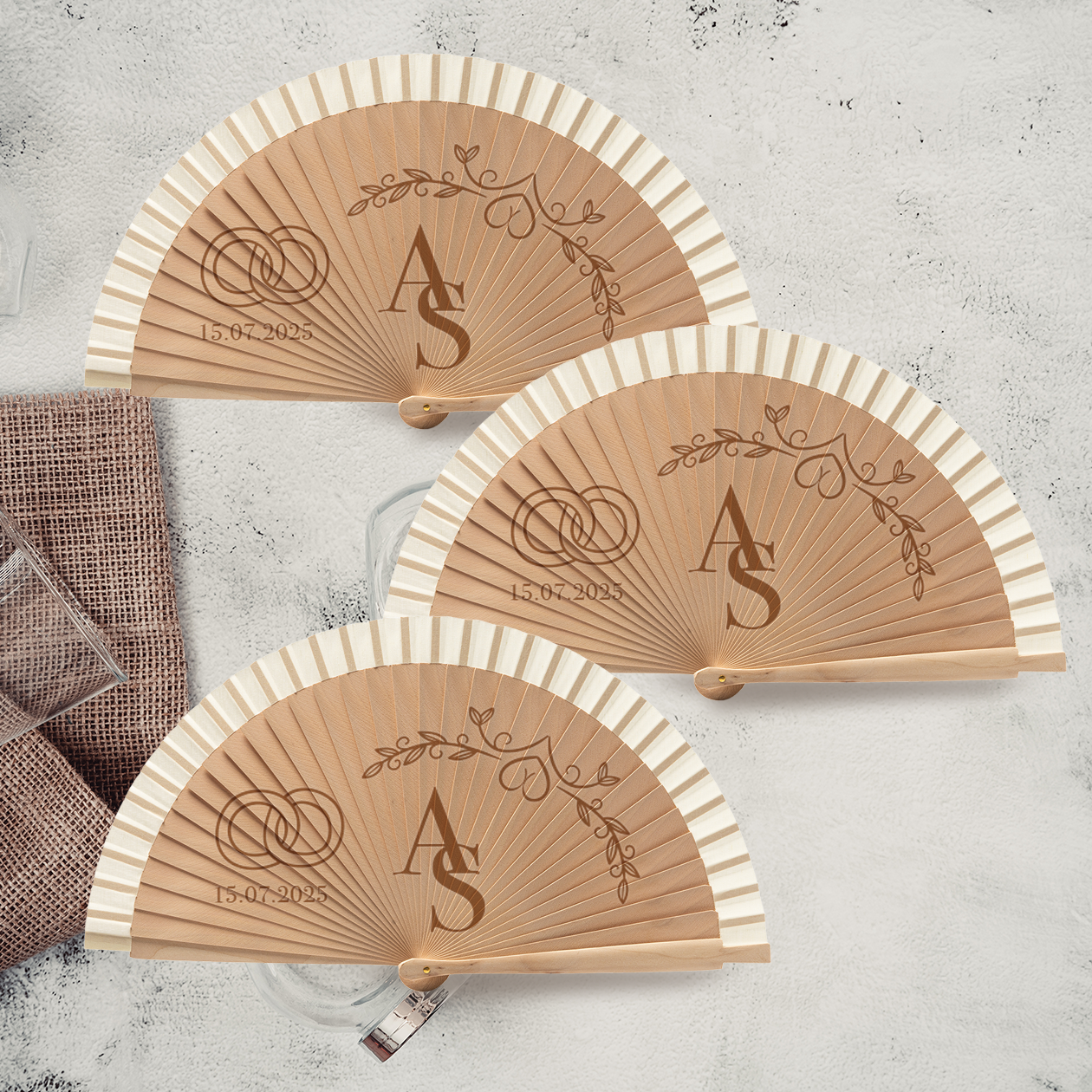 Iniziali - Set da 3 Ventagli in legno - personalizzati con iniziali e nomi