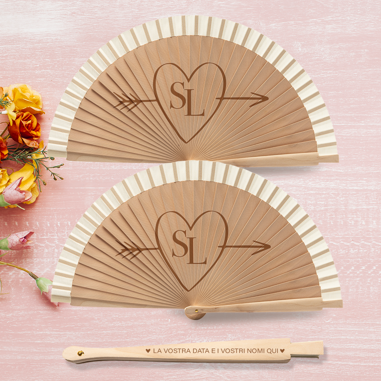 Heart love - Coppia di Ventagli in legno - personalizzata con nomi e data e iniziali