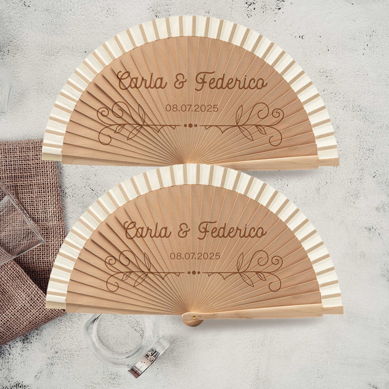 Matrimonio - Coppia di Ventagli in legno - personalizzata con nomi e data