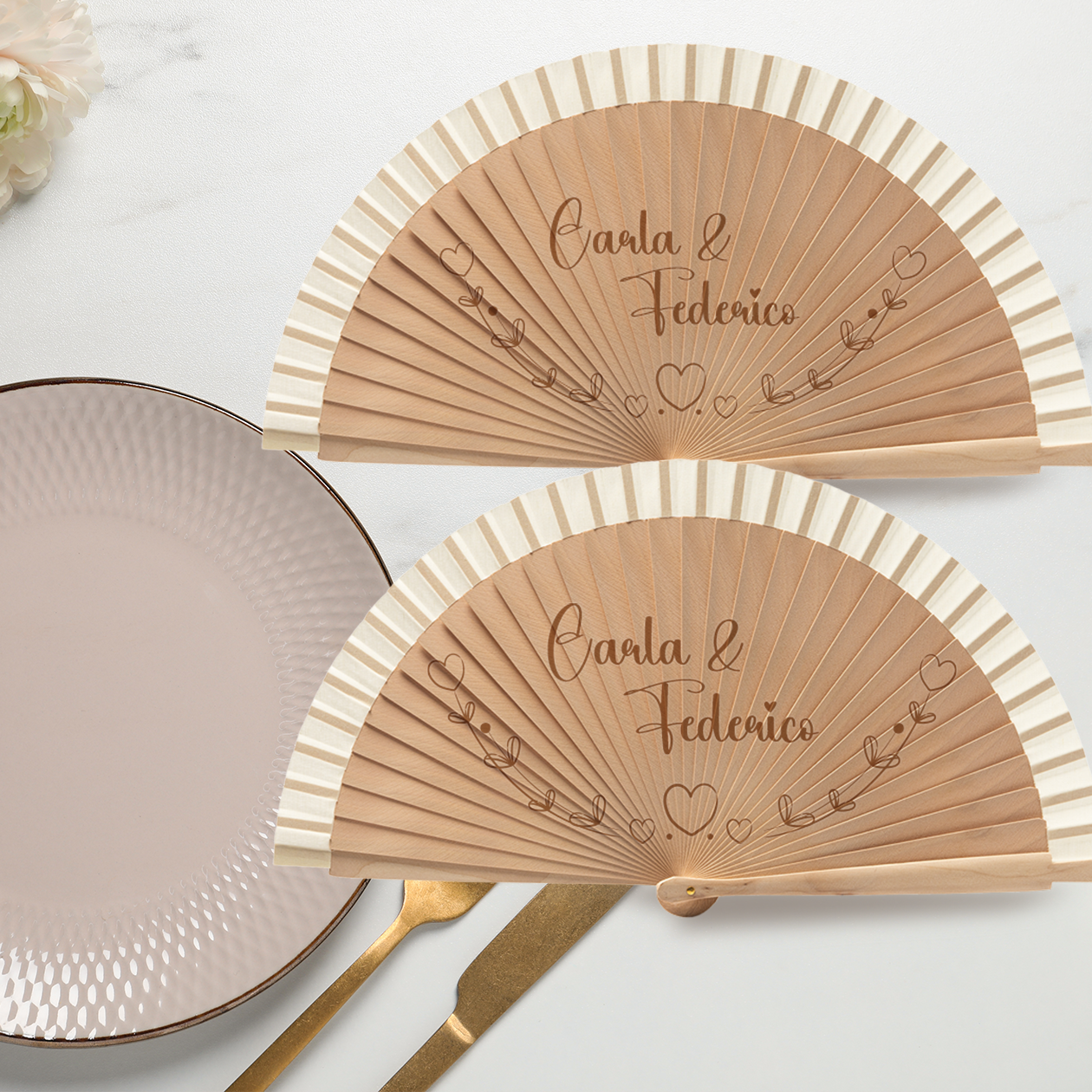 Heart - Coppia di Ventagli in legno - personalizzata con nomi e data