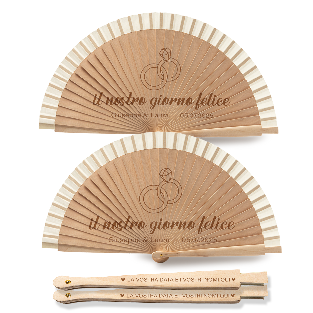 Il nostro giorno felice - Coppia di Ventagli in legno - personalizzata con nomi e data