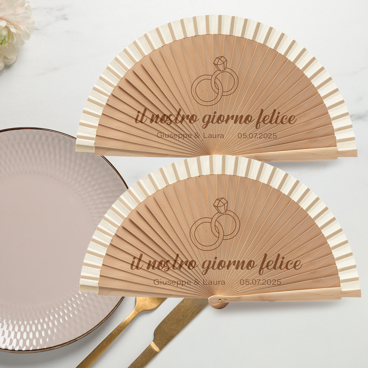 Il nostro giorno felice - Coppia di Ventagli in legno - personalizzata con nomi e data
