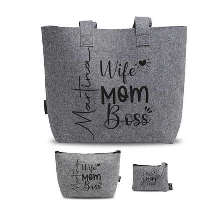 Wife, mom, boss - Tris Borse in feltro con designe melange - personalizzato con nome