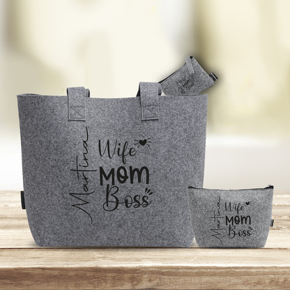 Wife, mom, boss - Tris Borse in feltro con designe melange - personalizzato con nome