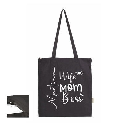 Wife, mom, boss - Shopper In Cotone con chiusura zip - personalizzata con nome