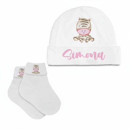 Baby Zebra - Set Nascita Cappellino + Calzini - personalizzato con nome