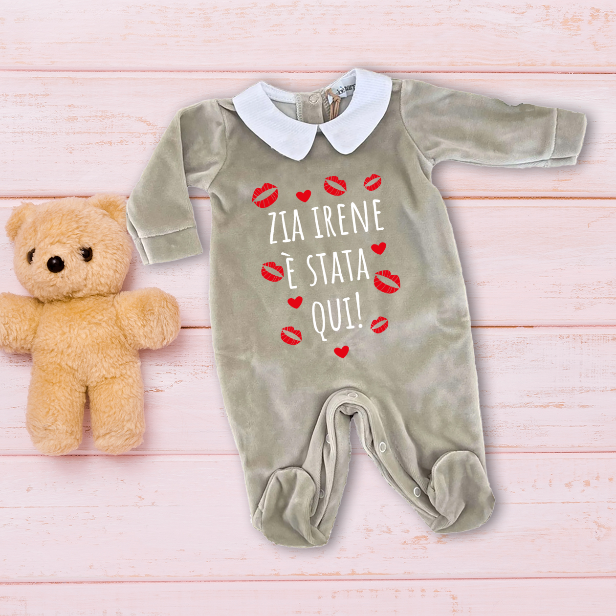 Zia è stata qui - Pagliaccetto Neonato in Ciniglia con Colletto Bianco personalizzato con nome