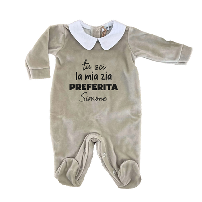 La mia zia preferita - Pagliaccetto Neonato in Ciniglia con Colletto Bianco personalizzato con nome