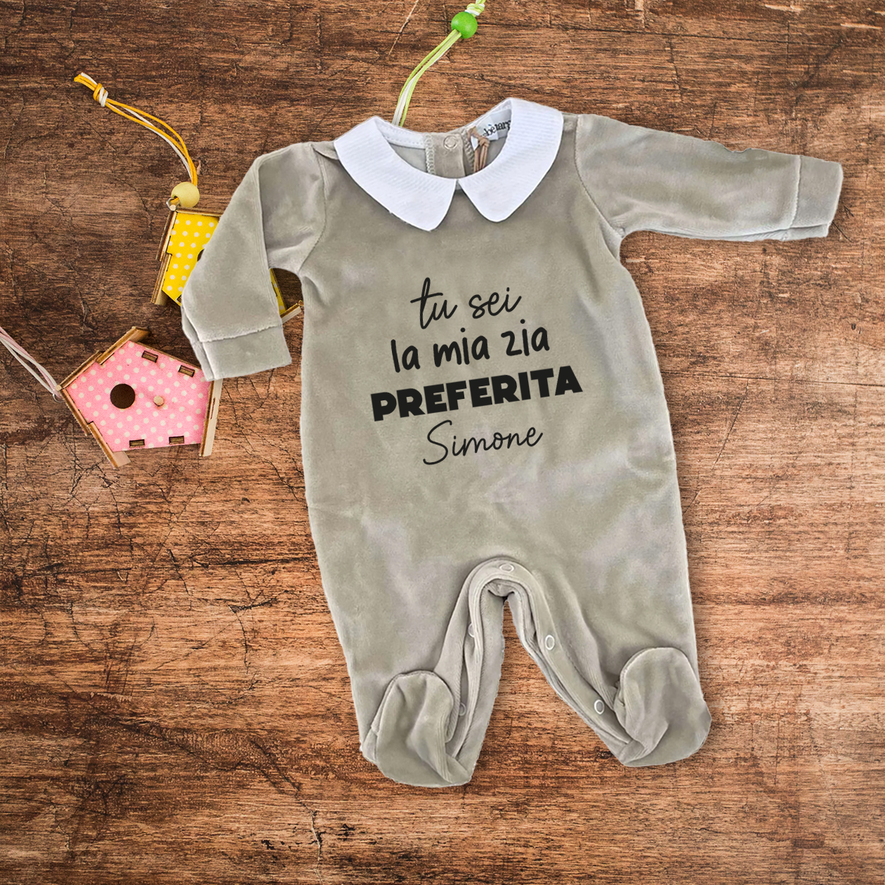 La mia zia preferita - Pagliaccetto Neonato in Ciniglia con Colletto Bianco personalizzato con nome