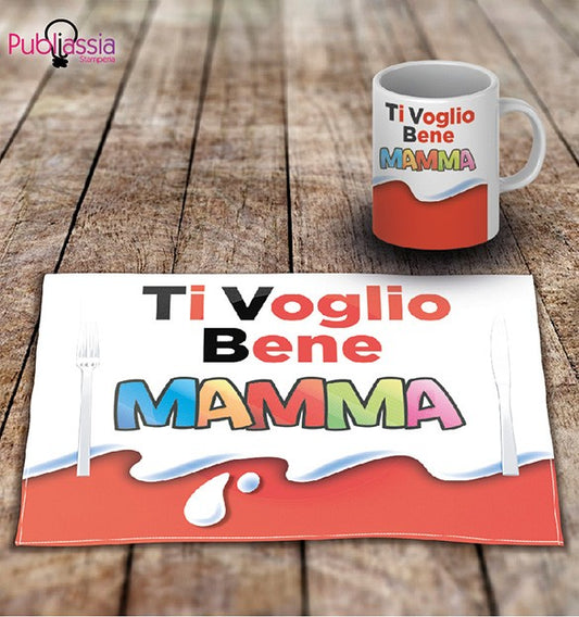 Ti voglio bene mamma - Tovaglietta in tessuto lavabile + tazza - idea regalo festa della mamma