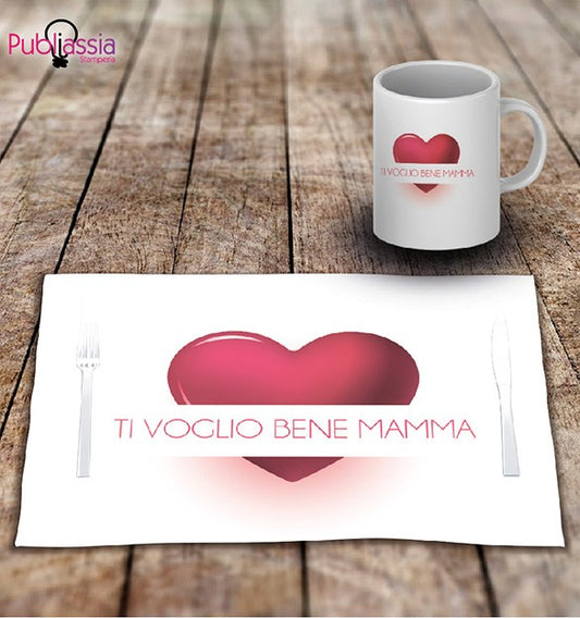 Cuore di mamma - Tovaglietta in tessuto lavabile + tazza - idea regalo festa della mamma